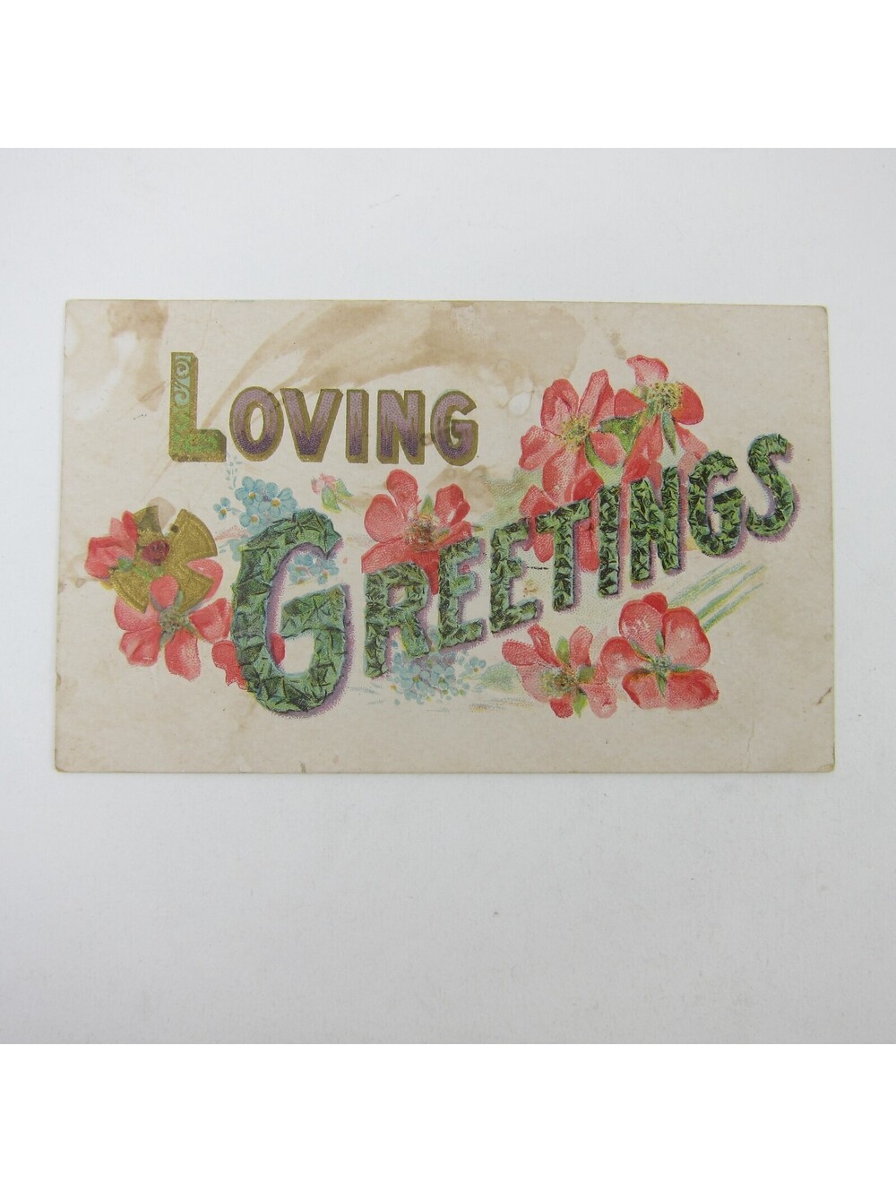 Postcard Flowers Floral Loving Greetings Pink Purple Blue Embossed Antique 1909